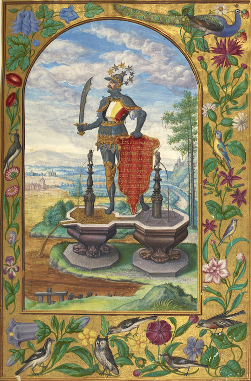 Splendor Solis - caption: 'Knight standing on fountains'