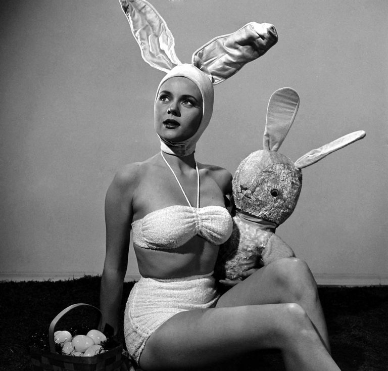 Peggy Castle in bunny ears, 1950. 