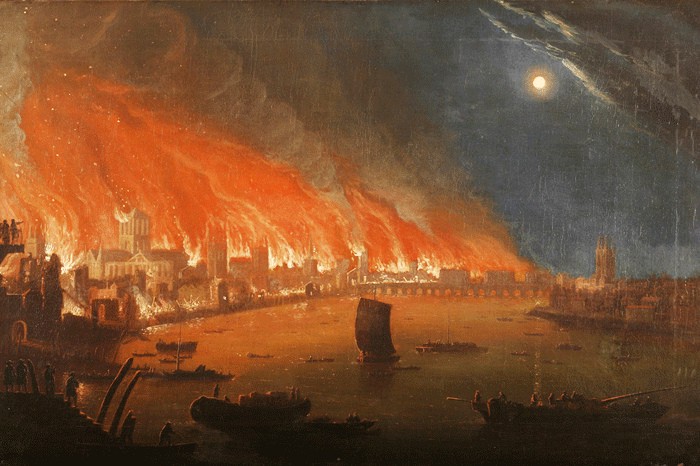 Потом всё сгорела в Великом Лондонском пожаре 1666 года
